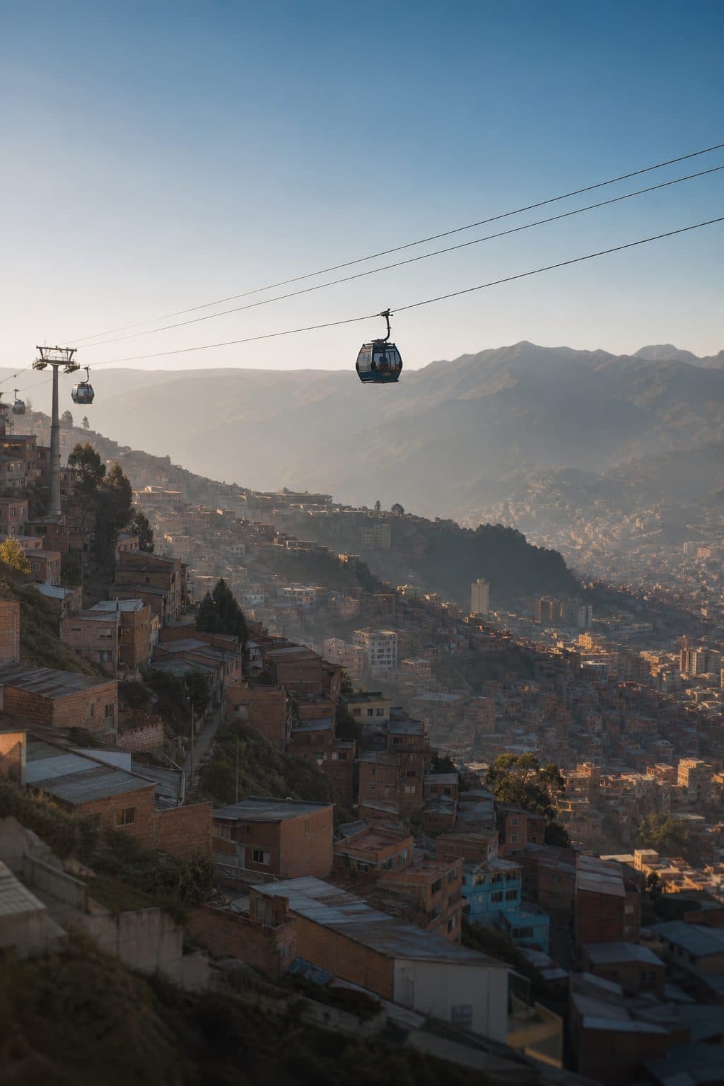 Vista de una ciudad en Bolivia con teleférico